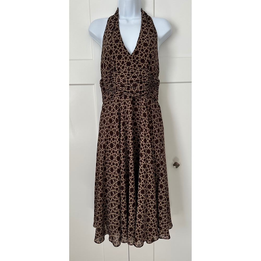 London Times Brown Geometric Star Print Halter Midi Dress Ruched Waist Size 6